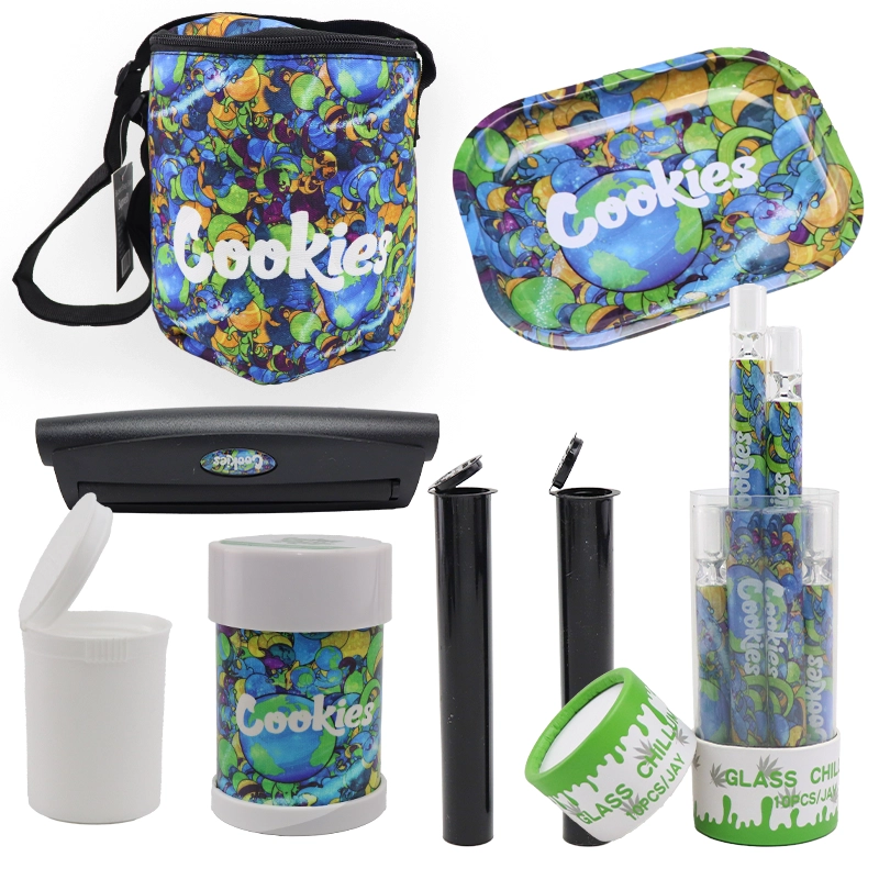 7-Piece Rolling Tray Smoking Accessories Kit featuring electric grinder, rolling tray, glass pipe, joint tubes, jar, and bucket bag